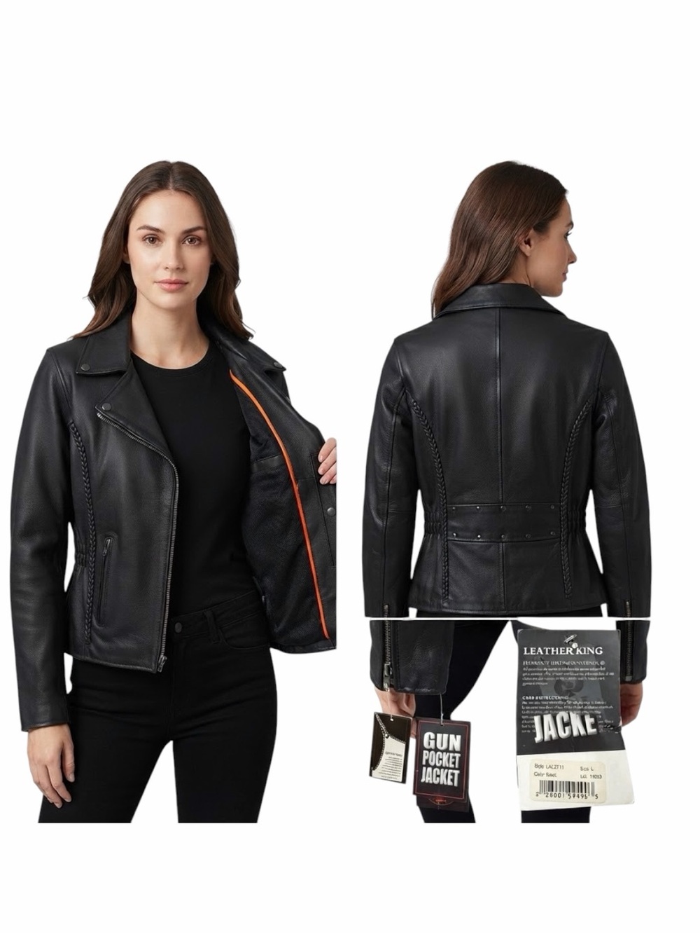 Leather King Black Braided Moto Biker Jacket Gun Pocket Sz Large NWT